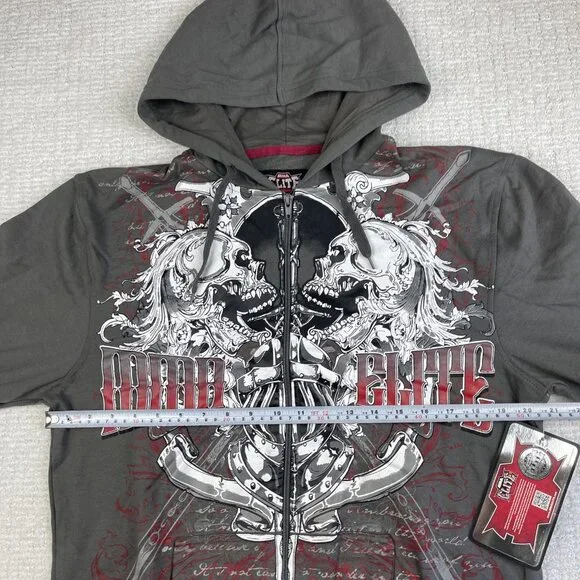 NWT MMA Elite Hoodie Gray Full Zip Up Small Y2K Goth Skull Punk Affliction Style - Picture 12 of 16